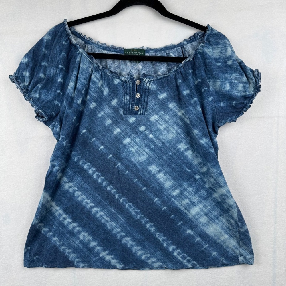 Lauren Jeans Co. Womens Blue Tie Dye Short Sleeve Top Blouse L‎